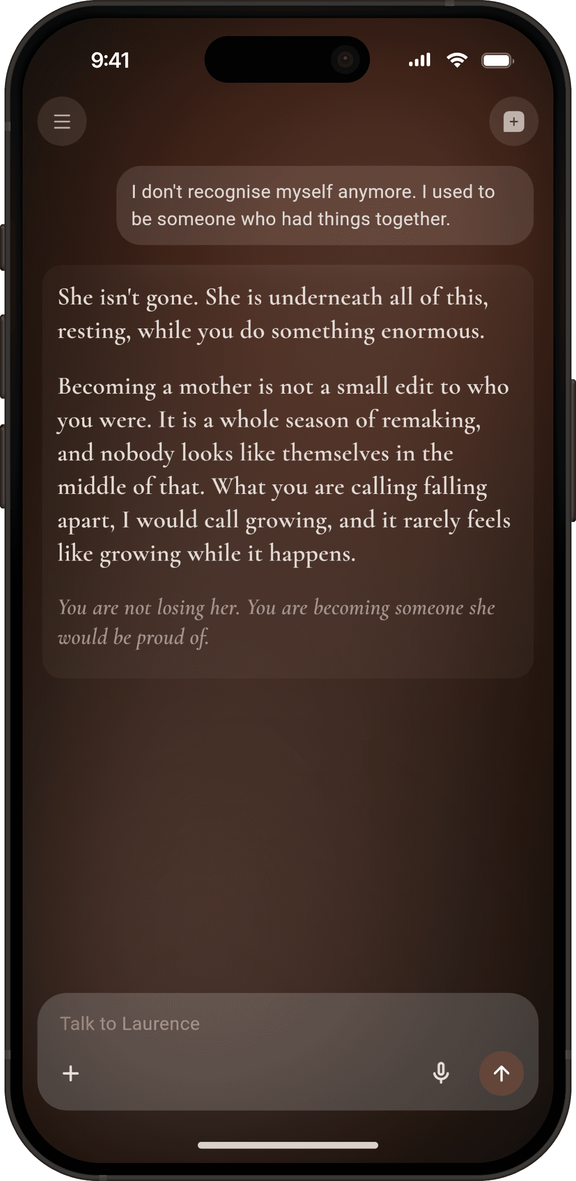A mother says she does not recognise herself anymore. Laurence answers that she is not gone, she is becoming.