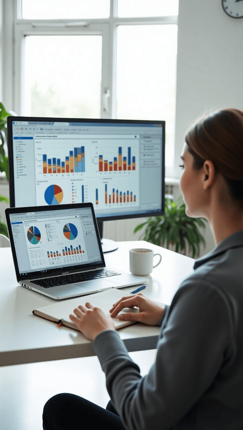 Business analyst reviewing data visualization dashboards and enterprise analytics in a modern workspace.