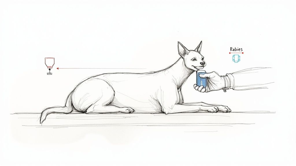 A veterinarian checking a dog's microchip with a scanner.