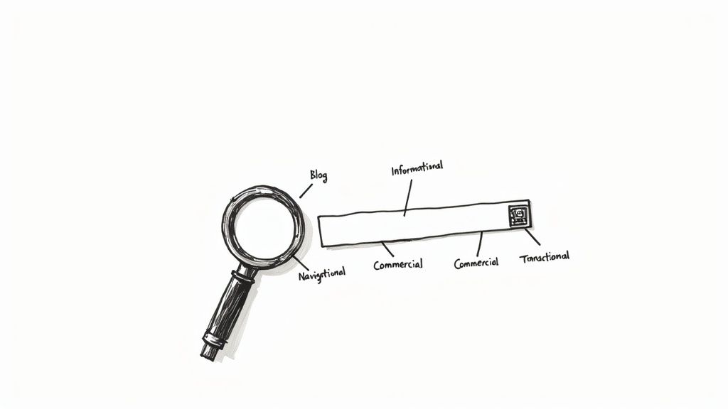 A magnifying glass hovering over different icons representing search intent types like information, navigation, and purchase.