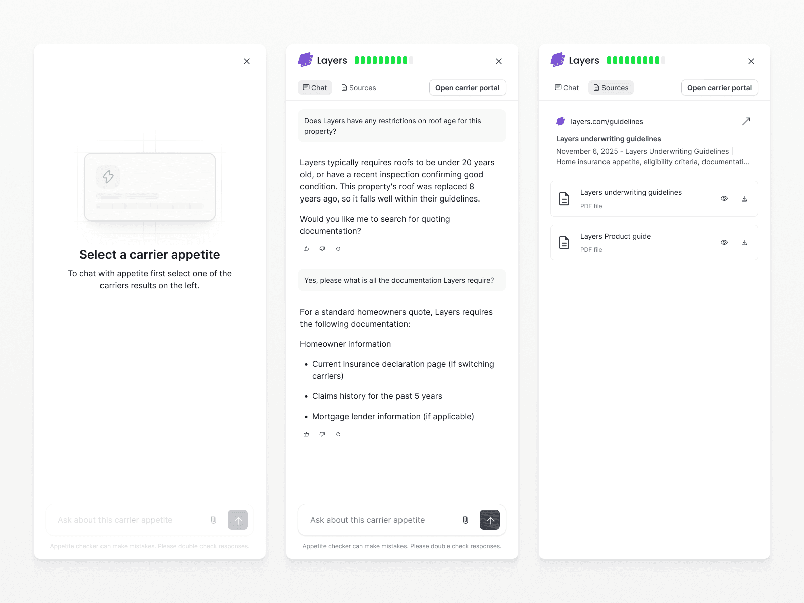 Layers carrier chat panel answering a roof-age underwriting question, with guideline source documents