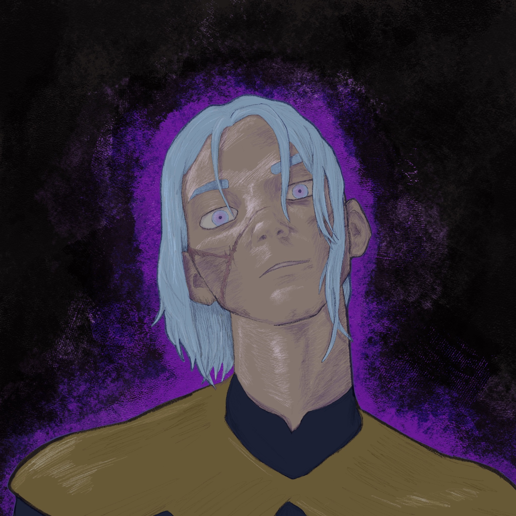 A male character with pale blue hair and a long scar on his face stares menacingly at the camera, head tilted upward to look down slightly on the viewer