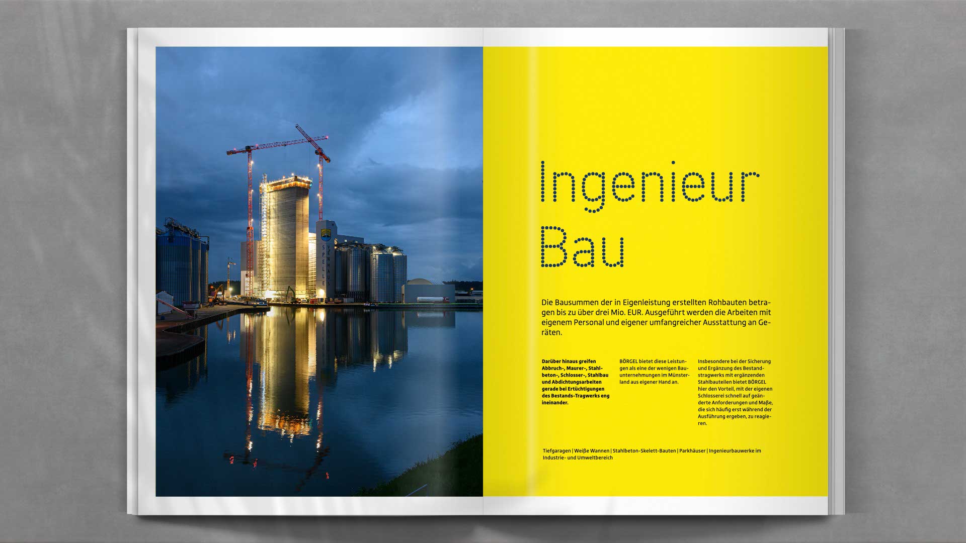 Doppelseite mit Projektbericht aus dem Bereich Ingenieurbau – übersichtlich strukturiert, mit Bild-Text-Komposition und pointierter Farbführung.