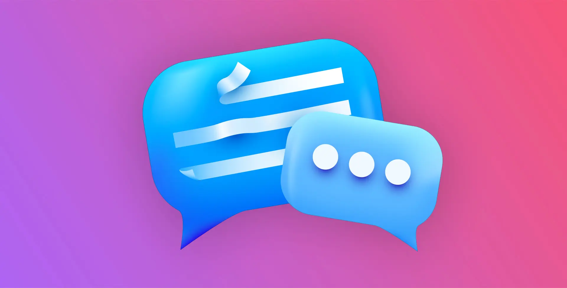 Gradient background with two overlapping blue chat bubbles, one showing lines of text and the other three typing dots, representing messaging or conversation.
