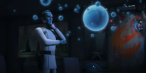 Grand Admiral Thrawn looking at a hologram of different planets with Starbird graffiti in the background