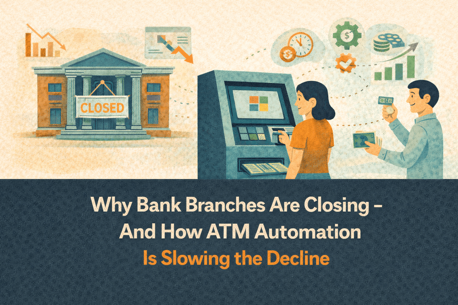 Flat-style digital illustration showing a bank branch with a ‘Closed’ sign and declining charts on the left, representing branch closures. On the right, a customer uses an ATM while another person holds cash, surrounded by icons for automation, efficiency, and financial growth. The scene highlights ATM technology as a response to shrinking branch networks. The background is light beige with navy, teal, and orange tones, and a navy-blue bar at the bottom displays the blog title in bold white text: ‘Why Bank Branches Are Closing - And How ATM Automation Is Slowing the Decline’.
