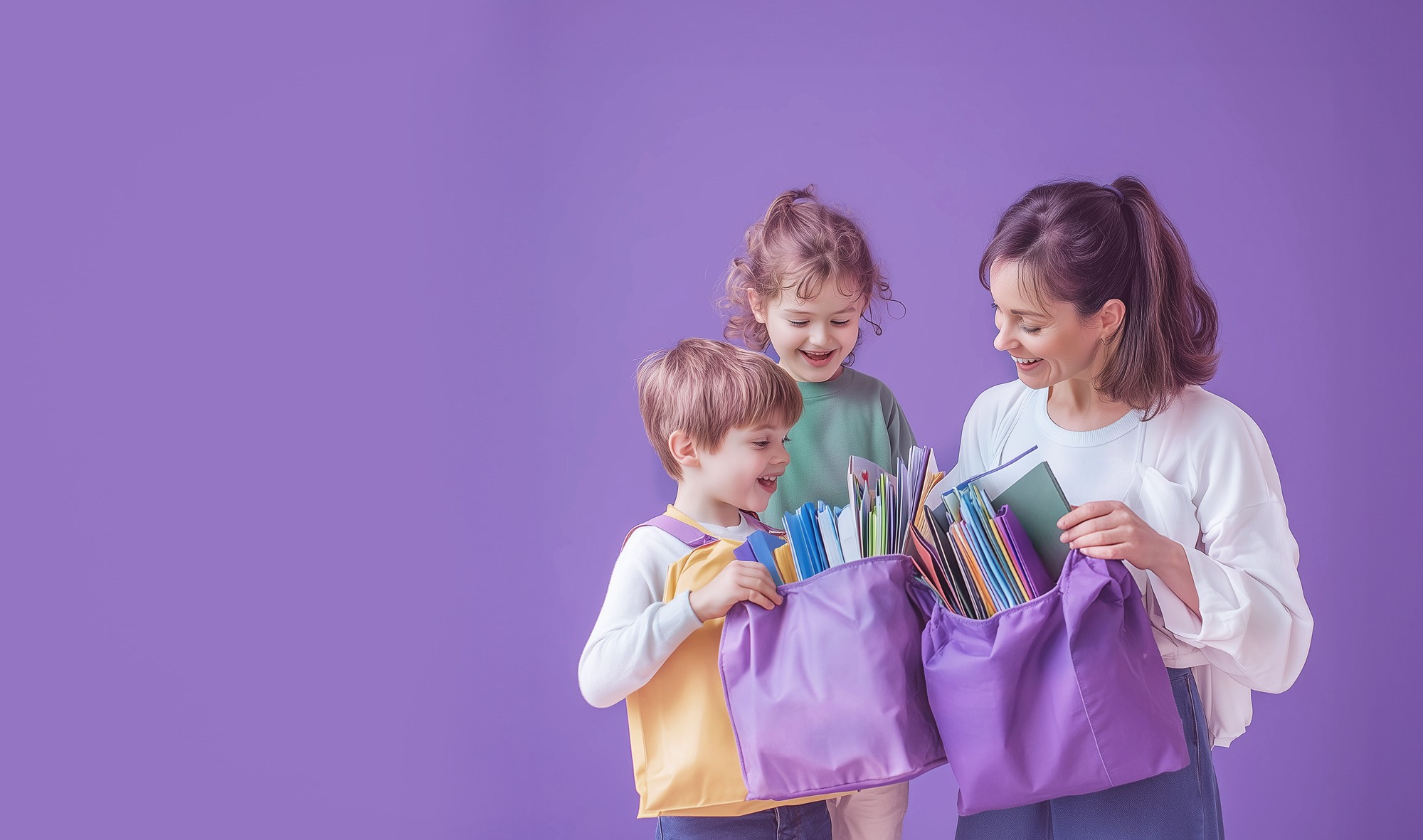 Mother and her two daughters are unpacking the groceries