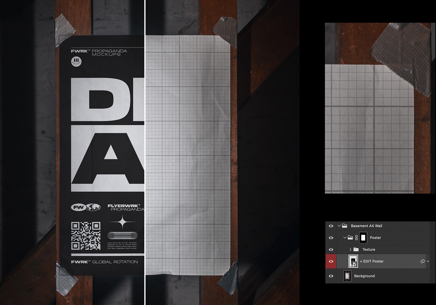 Detailed view of the Photoshop smart object setup for the wall-taped A4 poster mockup