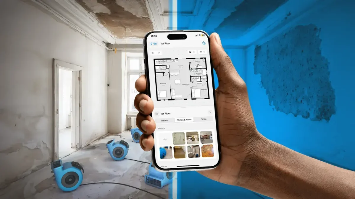 un plan d'étage sur le téléphone, pour documenter un site endommagé par l'eau