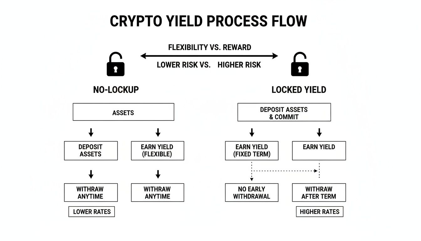 Flowchart illustrating crypto yield options: no-lockup (flexible, lower risk) versus locked yield (fixed, higher reward).