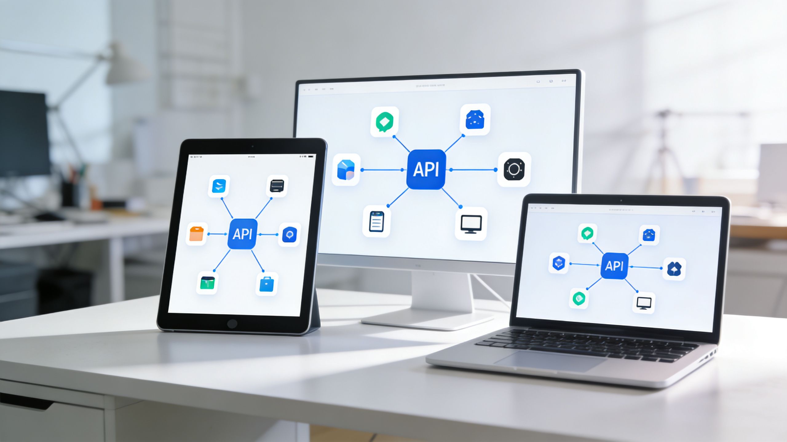 A digital workspace with a tablet, monitor, and laptop displaying API network diagrams on screens.