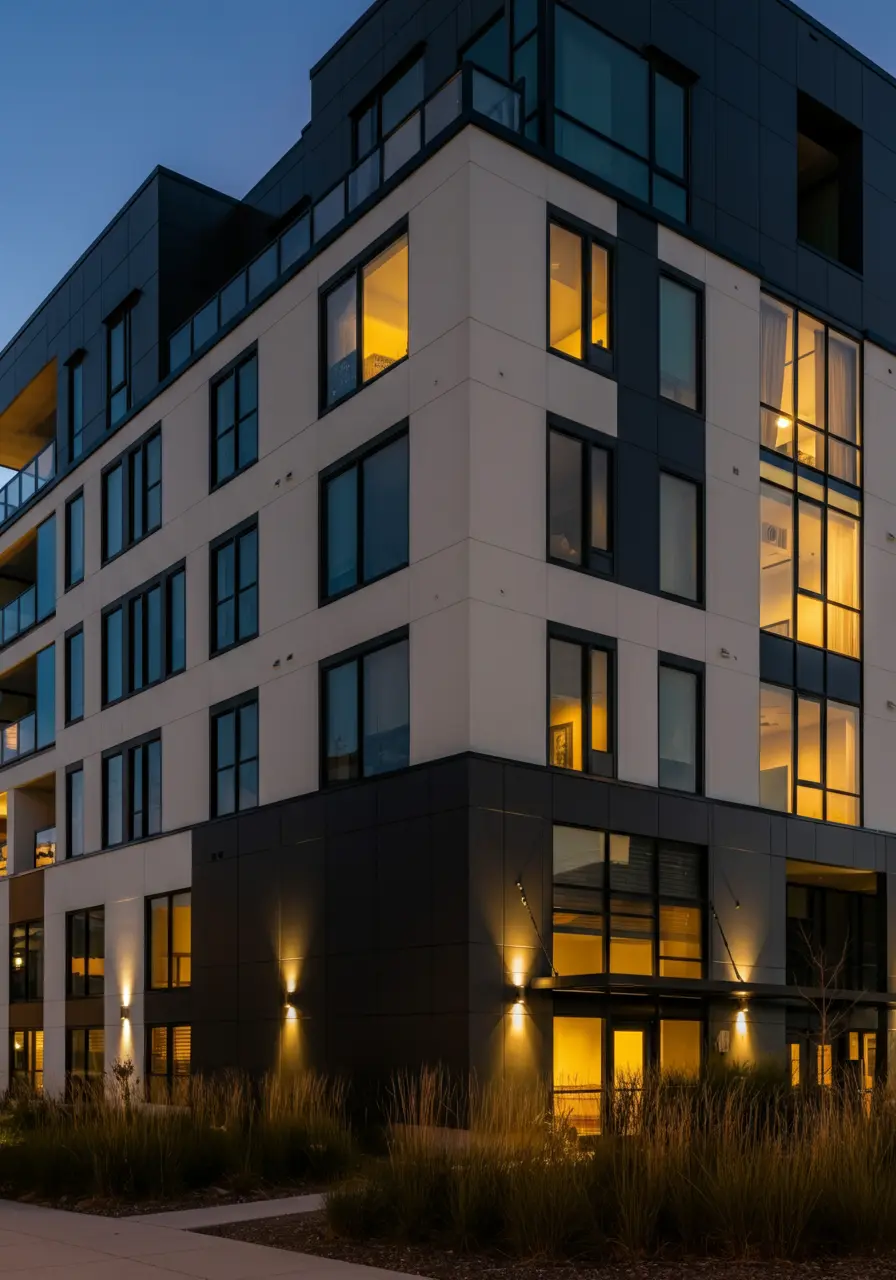 Concept design of a modern condo building with a sleek black and white exterior, large illuminated windows, and landscaped surroundings at dusk in Okotoks.