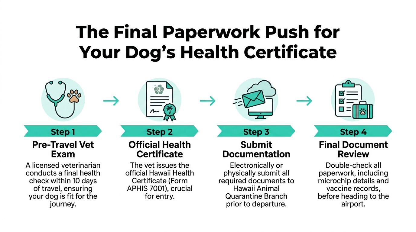 A four-step infographic illustrating the required paperwork process for obtaining a Hawaii dog health certificate.