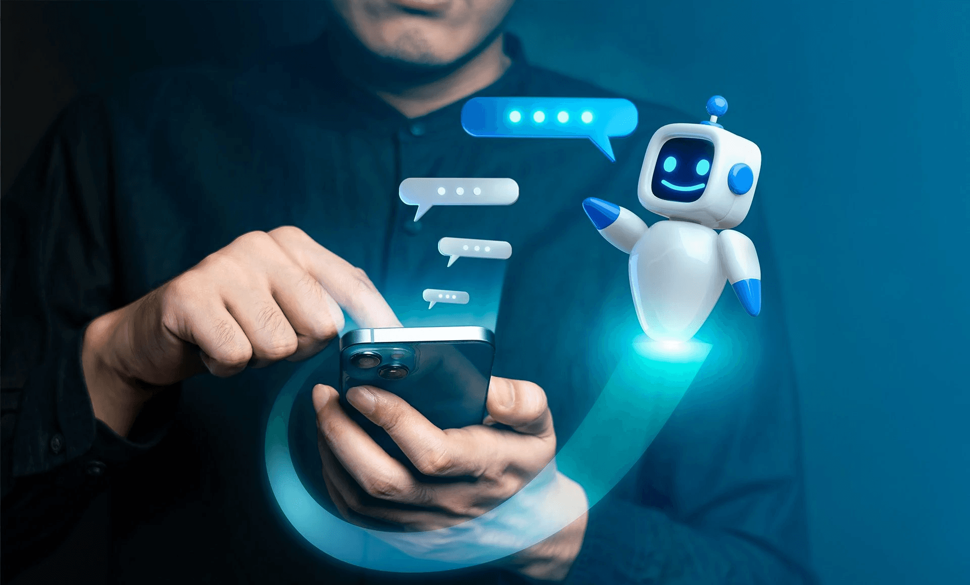  Robot assists person with smartphone messaging - AI Lead Generation Chatbot