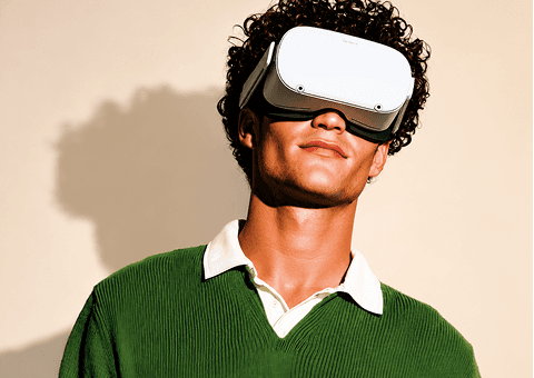 A man in a green sweater wearing a white virtual reality headset, engaged in an immersive digital experience.