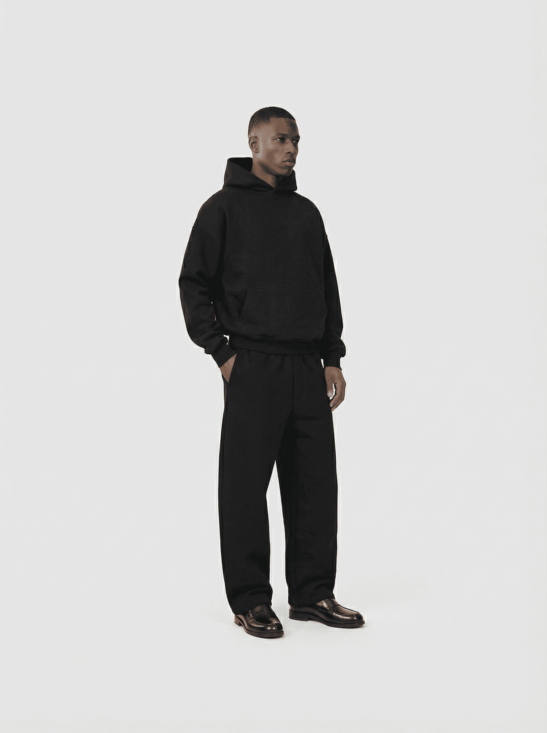 Heavyweight classic crew T-shirt in black — front view on model.