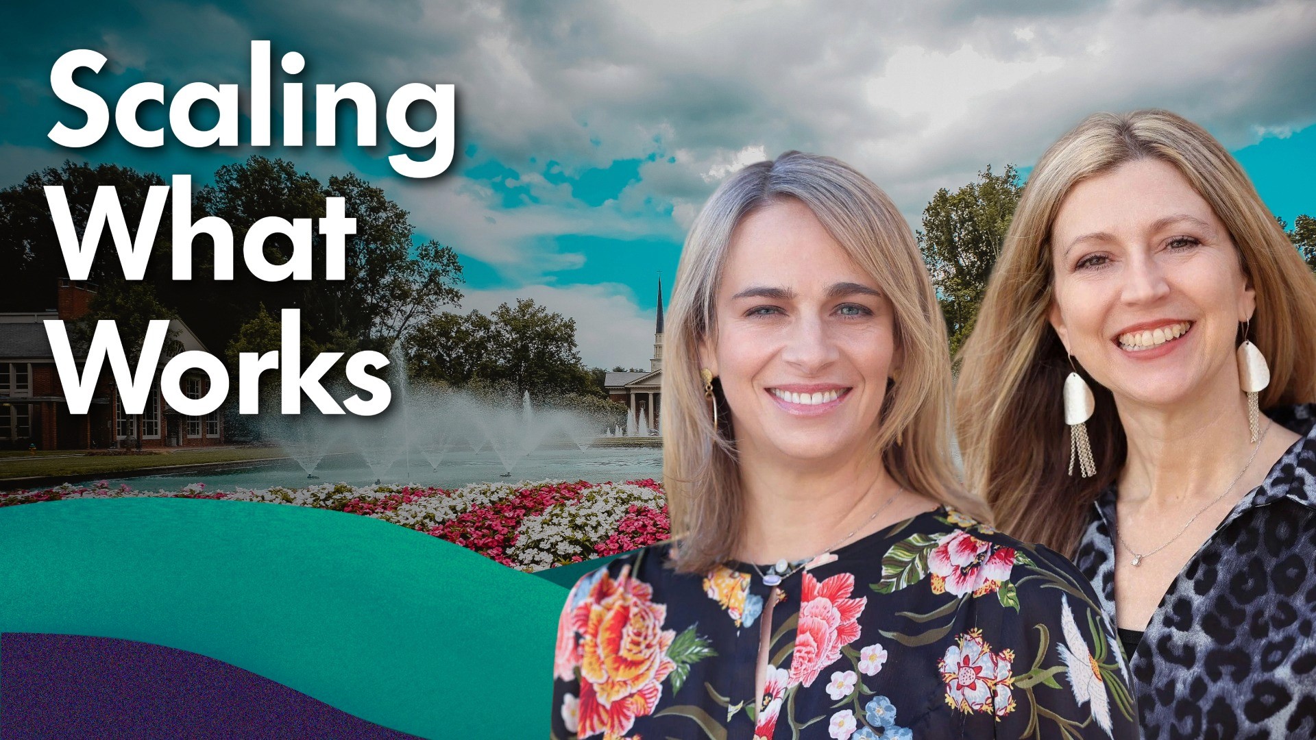 Image of Cathy Stevens (left) and Amy Keely (right) from the Riley Institute for their appearance on the Simple Civics Greenville County EdTalks Series. On the image is a caption to the left of them that reads "Scaling What Works" and a background of Furman University.