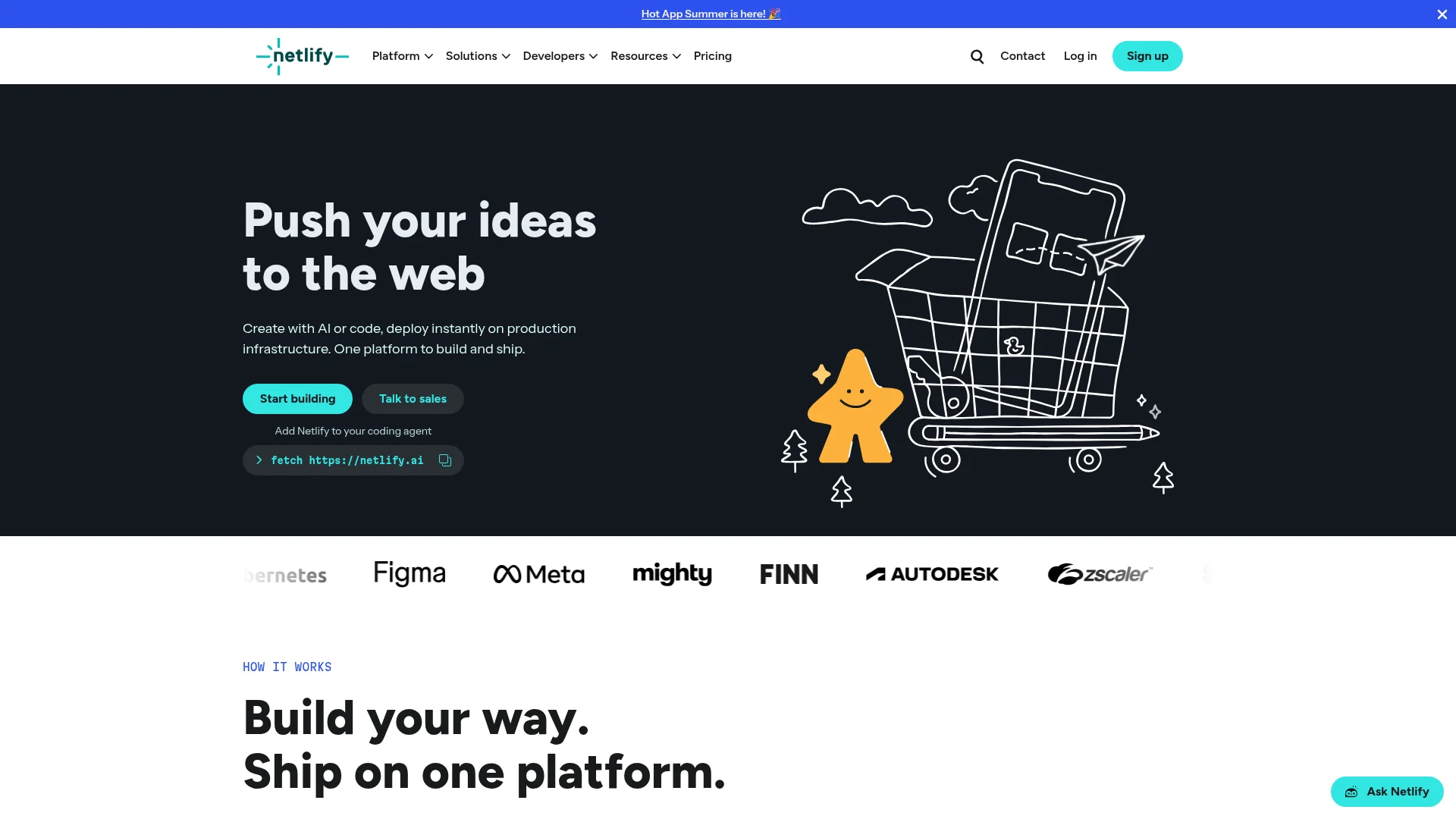 Netlify homepage showing the platform that hosts the web build before conversion to mobile