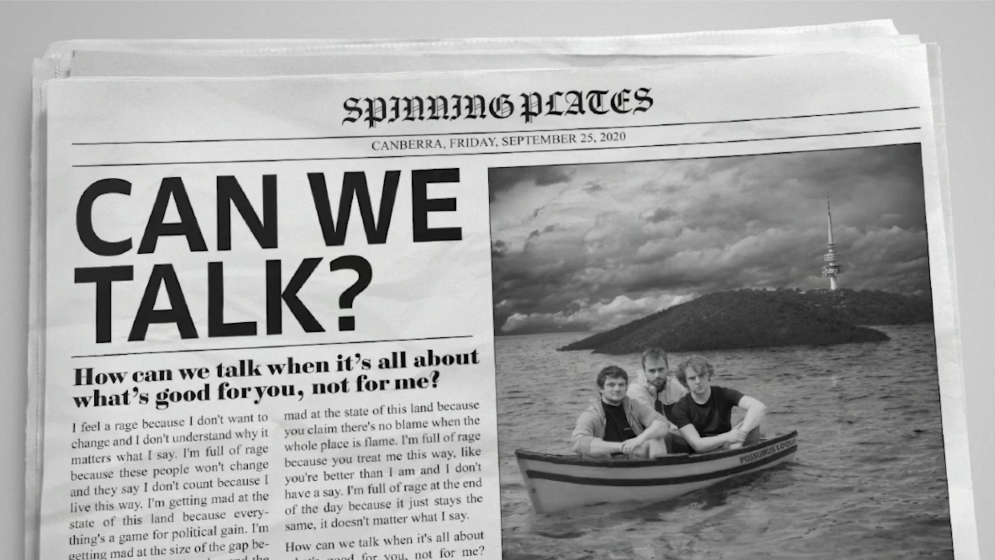 Newspaper with the headline 'Can We Talk?'.