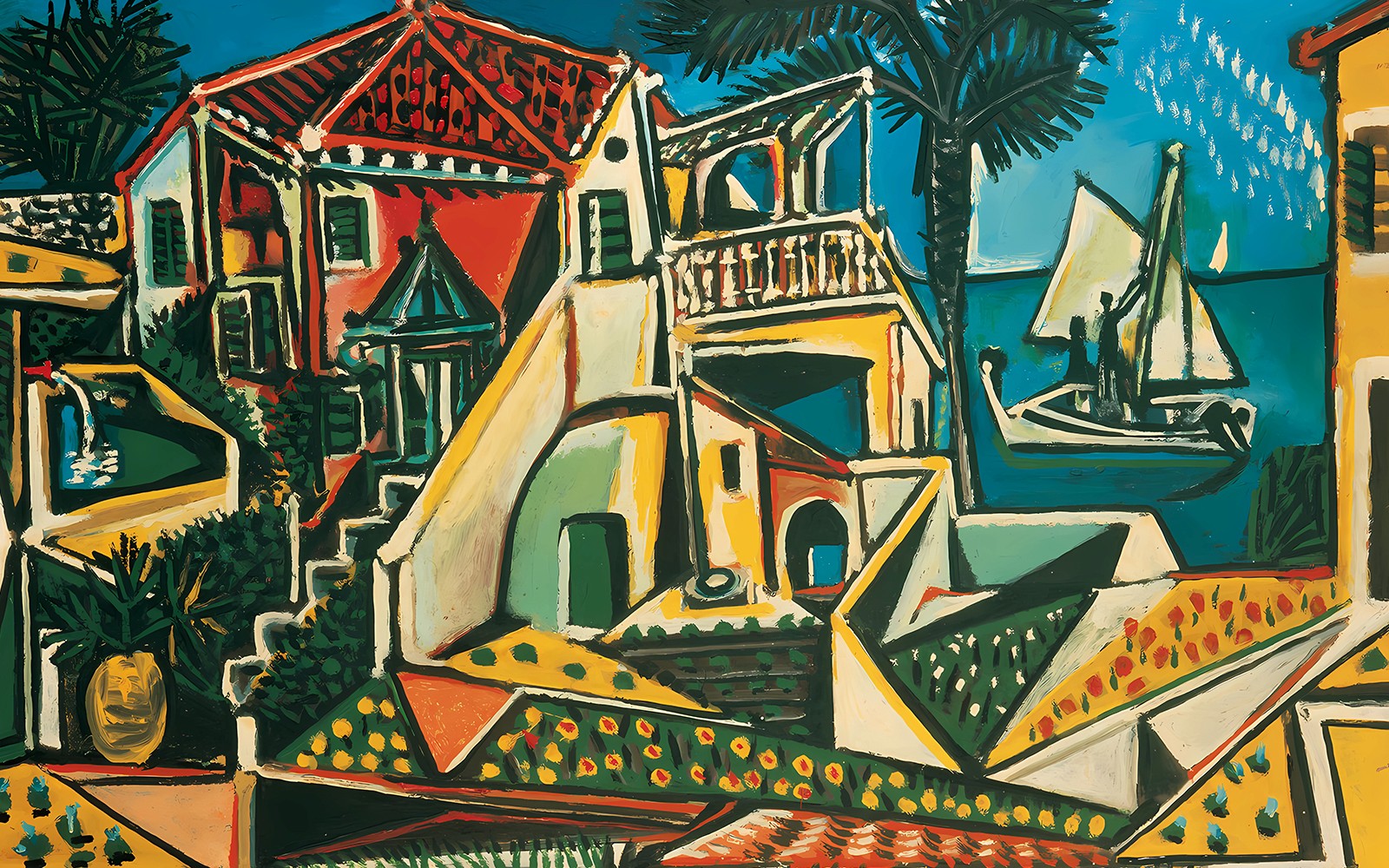 Dipinto del paesaggio mediterraneo di Pablo Picasso, con case colorate e una barca a vela, al Museo Albertina.