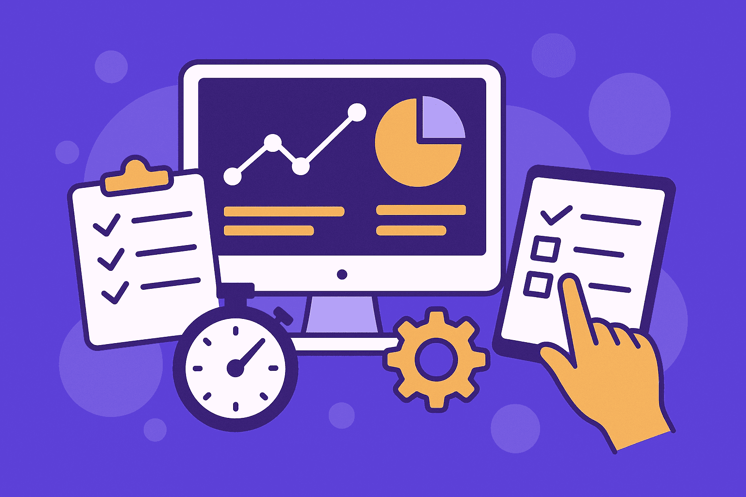 Minimal infographic-style composition with geometric elements illustrating time, task, and communication balance in remote work monitoring.