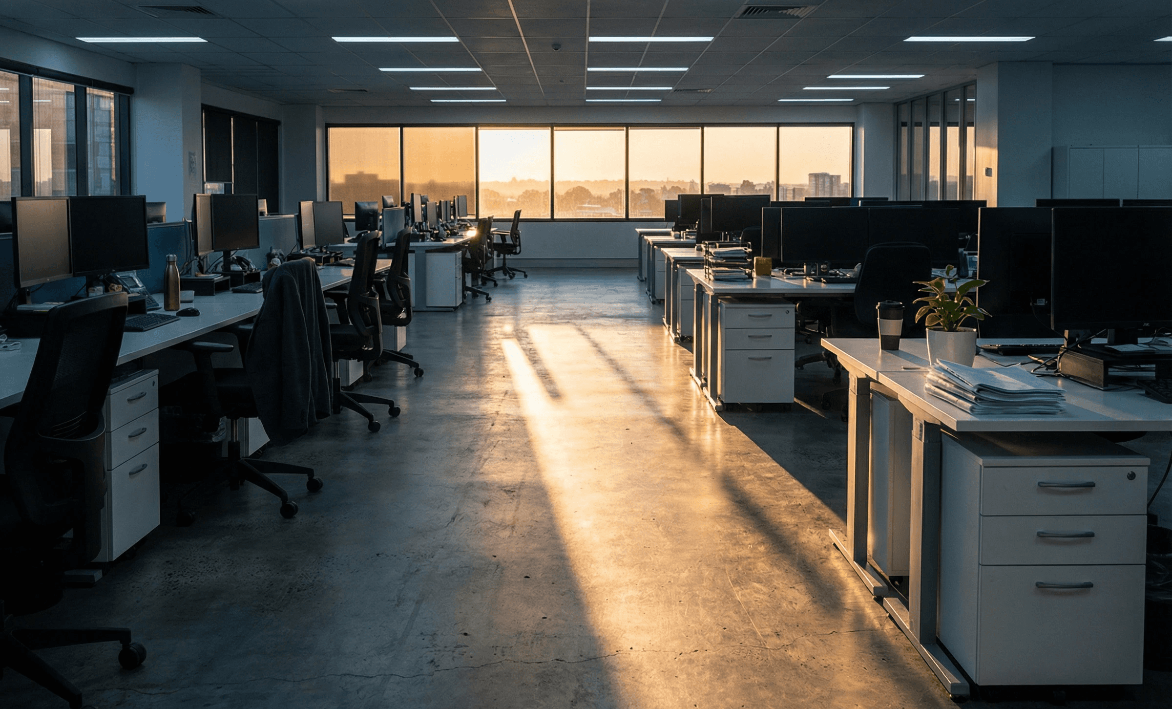 A striking, wide shot of a large Australian workplace at the precise moment of early morning when the first natural light enters the building. The office is empty — chairs tucked in, monitors dark, personal items on desks — but the light is extraordinary: a single shaft of warm, golden sunrise light is cutting diagonally across the full length of the floor through east-facing windows, illuminating dust particles in the air and casting long, defined shadows from the furniture across the floor. The light makes visible what is always there but normally unseen.