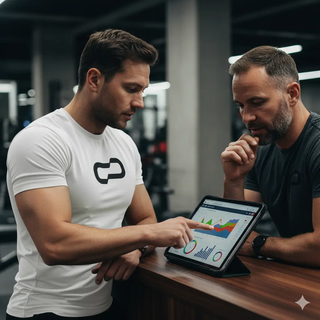 Palm trees frame a dramatic mountain valley landscape
