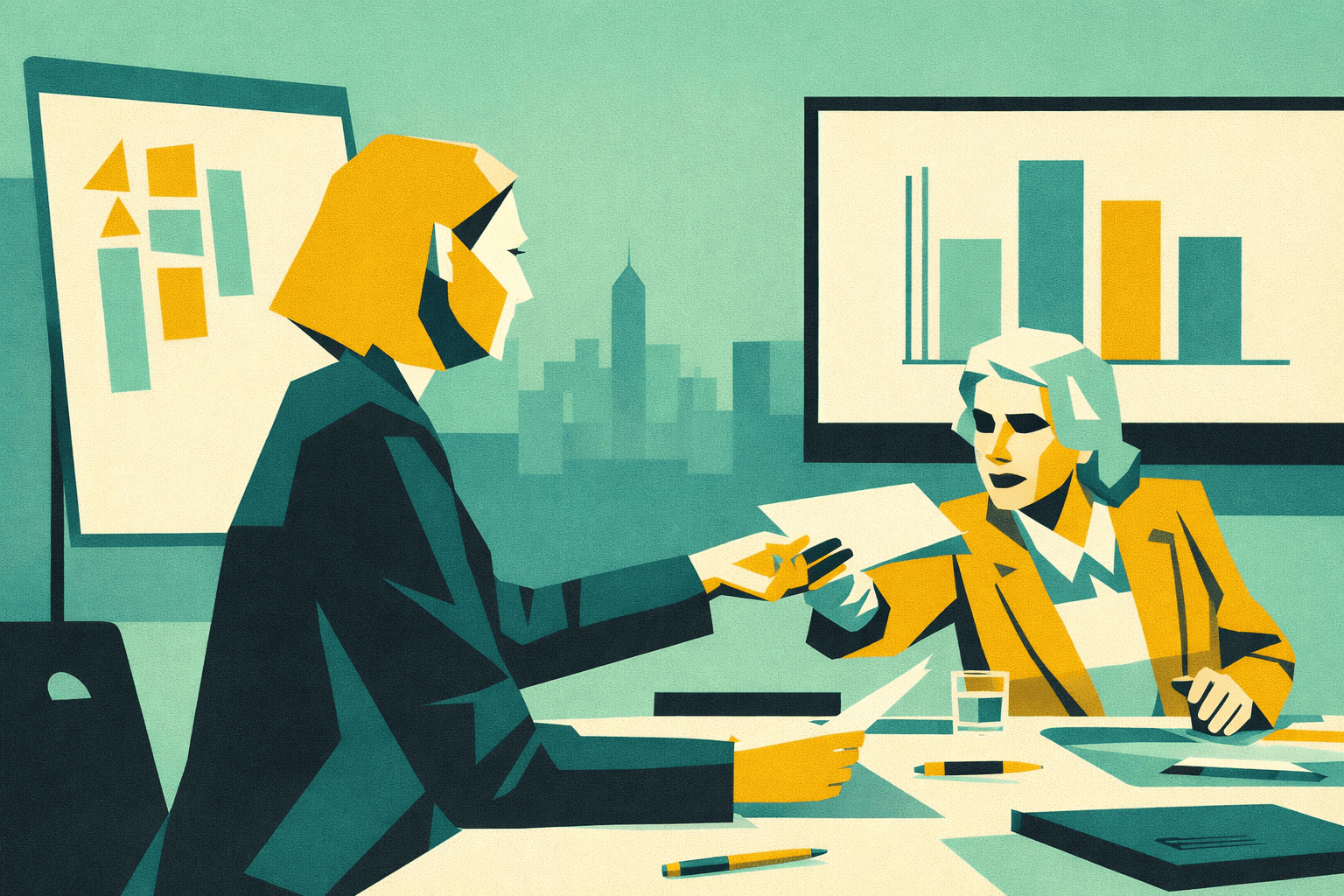 Professionisti senior in confronto su obiettivi e risultati, momento di valutazione e possibile riposizionamento professionale