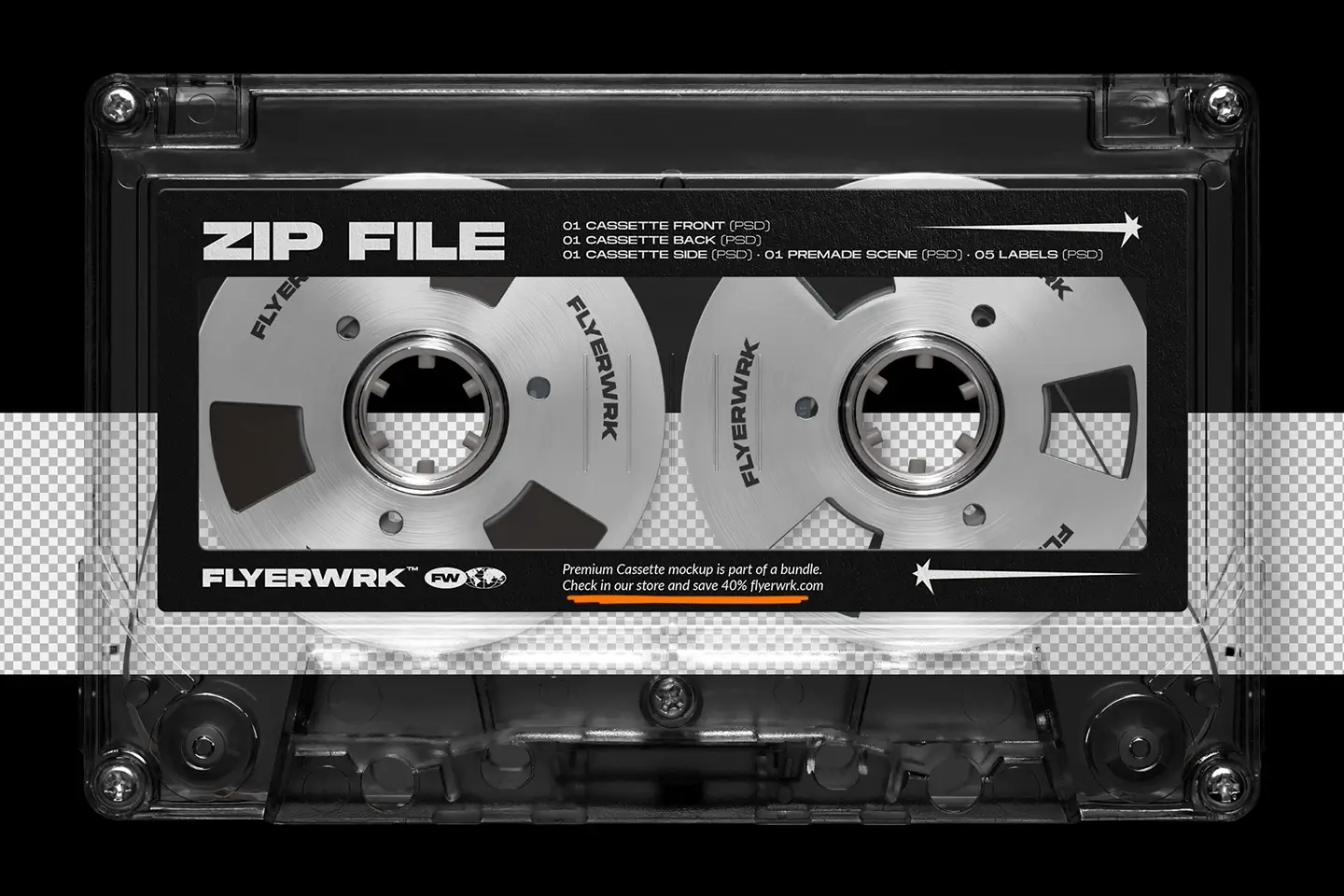 Cassette case mockup zip file contents preview showing cassette tape reels