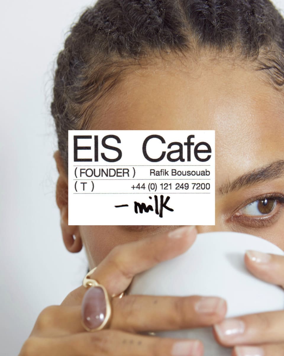 EIS Cafe card design and a photo of a person drinking coffee.