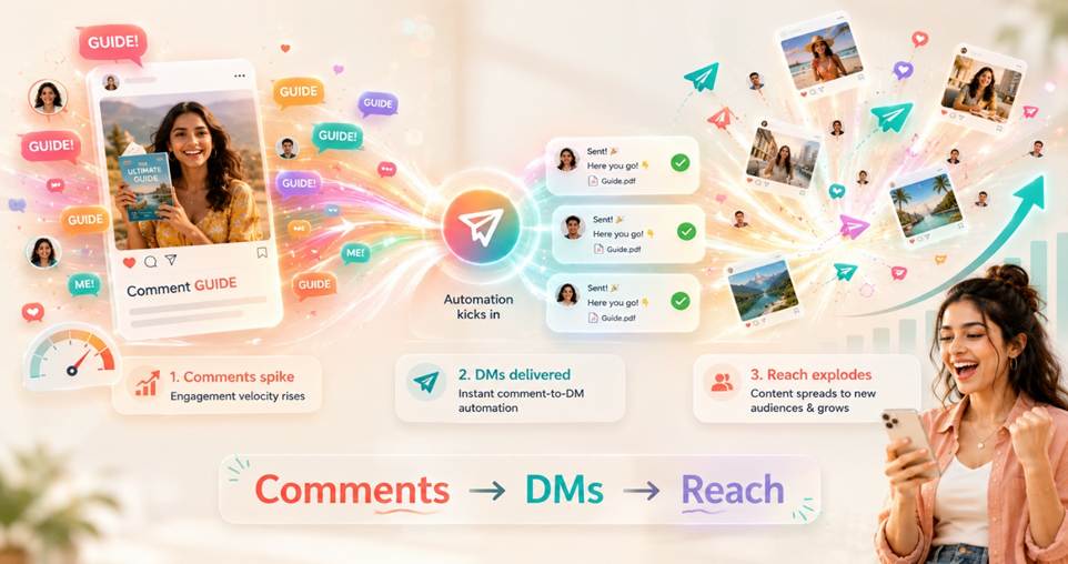 Instagram comment velocity from a keyword CTA feeding comment to DM automation that captures leads and boosts reach in 2026