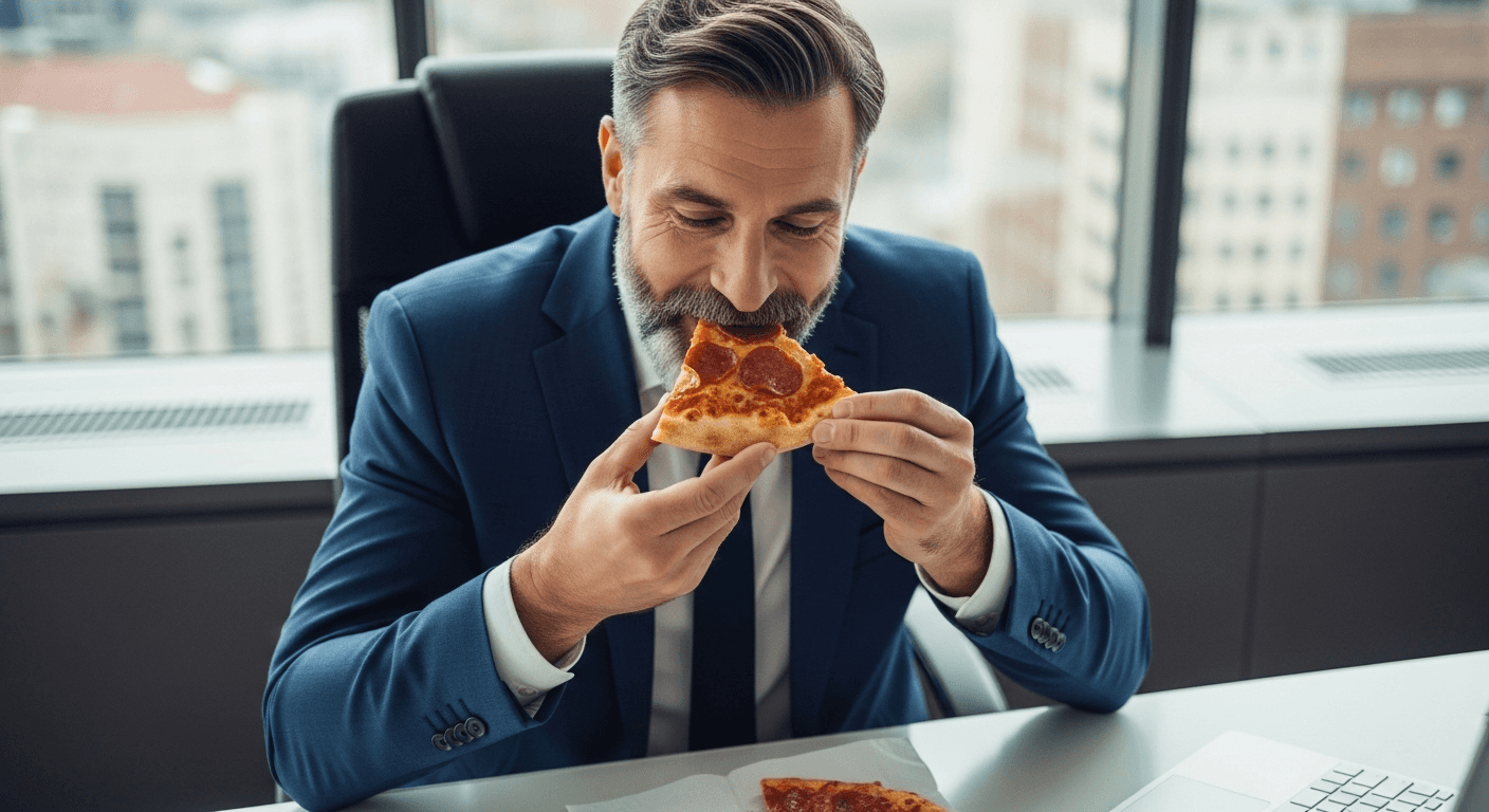 Man in suit eating pizza slice at desk. Lunch break.