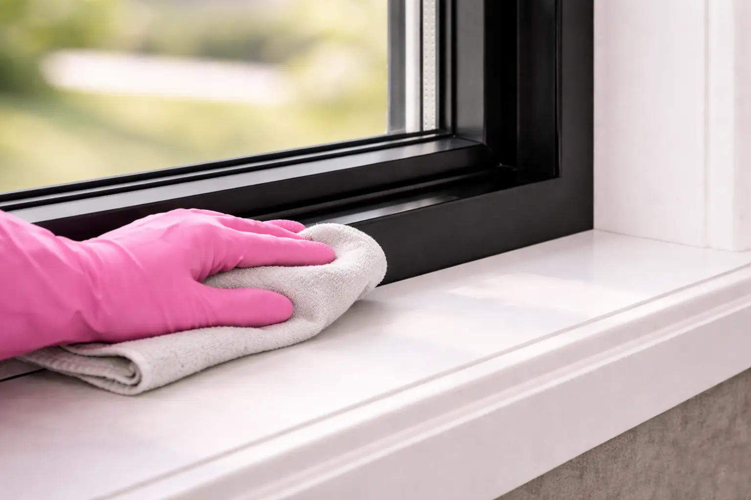 A close-up of a professional cleaner hand-wiping a white window sill and black interior frame, demonstrating detailed interior fixture cleaning.