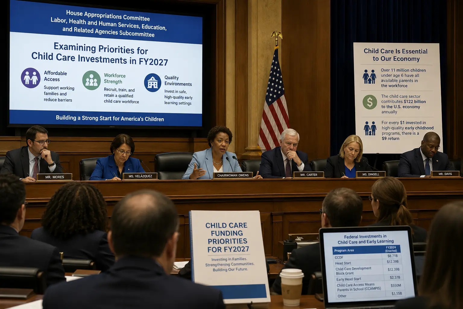 an image of people in congress discussing appropriations with screens up about child care