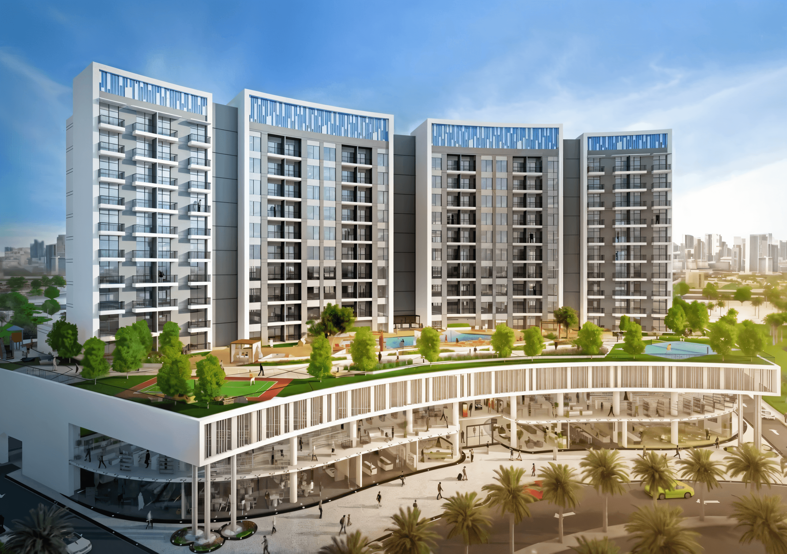 Rendering of the new hotel at night in Danube Shahrukhz, featuring bright lights and a contemporary design against the dark sky.