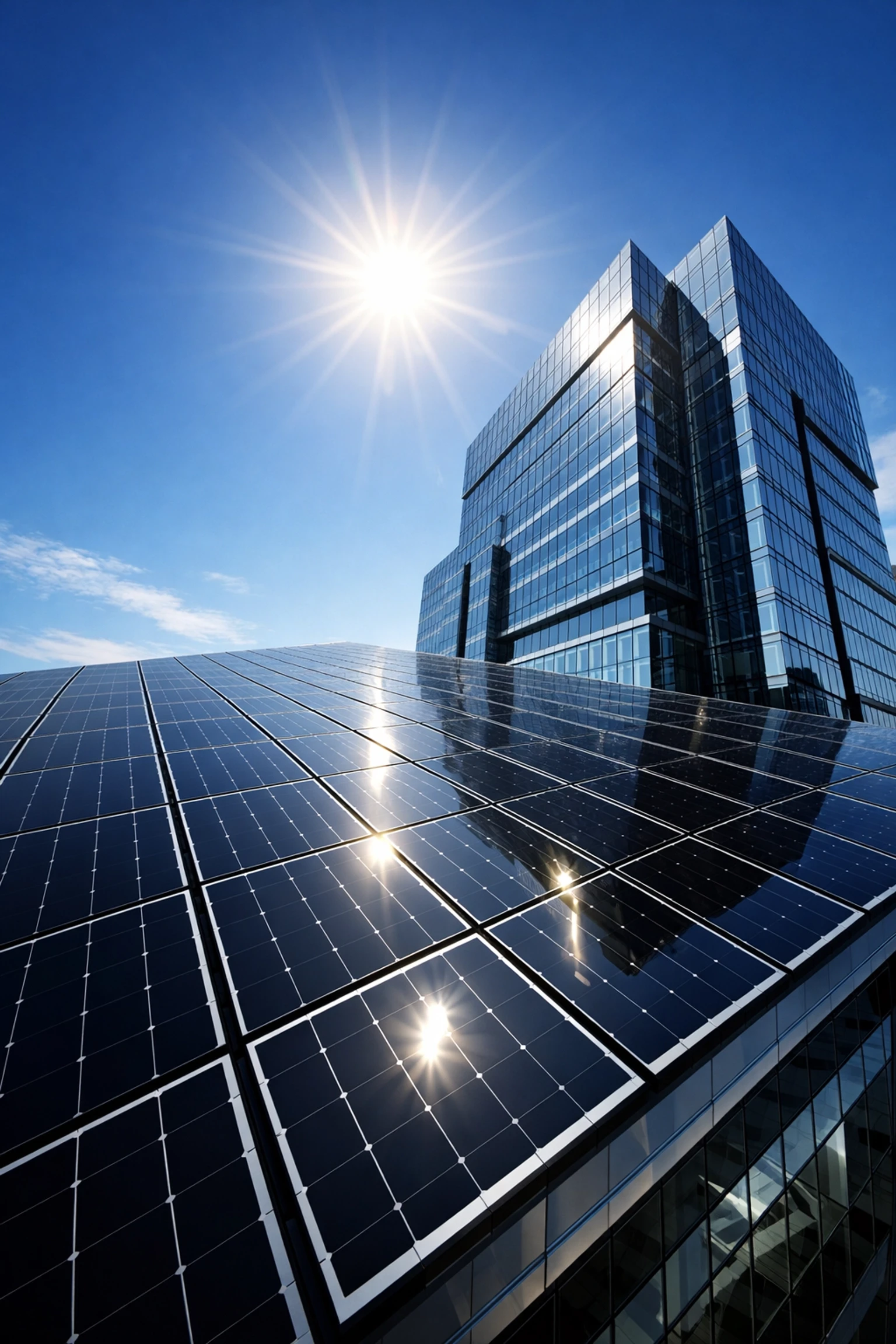 Corporate office building with a massive rooftop solar array generating clean energy for business.