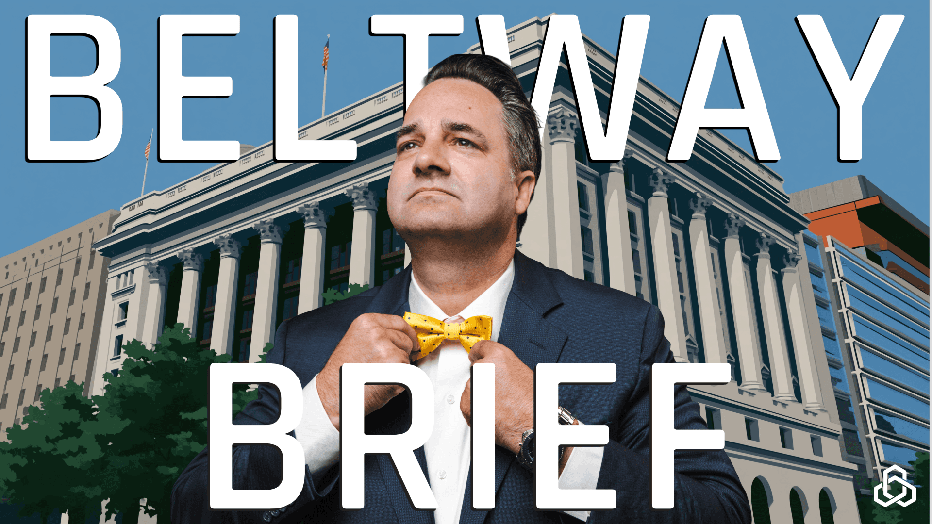 A podcast promotional graphic using a multi-panel grid layout with black-and-white photography and solid yellow accent blocks. A vertical yellow bar on the far left displays "BUILT TO CONQUER RISK®" in bold black capital letters. The grid layout highlights a conference event across four main photo panels: a large top-left panel of a man in a dark suit sitting cross-legged in a modern white armchair; a bottom-center wide panel showing two speakers on stage in front of a backdrop featuring the Potomac logo; a top-right panel displaying event signage reading "POTOMAC REMIX CONFERENCE"; and a middle-right panel of a second speaker wearing glasses seated on stage holding notes. A small black geometric logo rests in a yellow block at the bottom right corner.