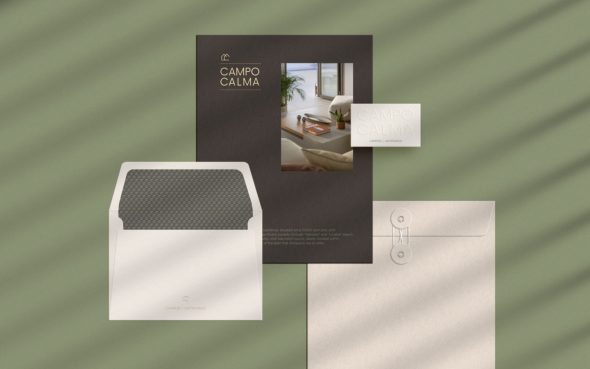 Application of the Campo Calma identity across print materials and packaging, emphasizing natural textures and tactility
