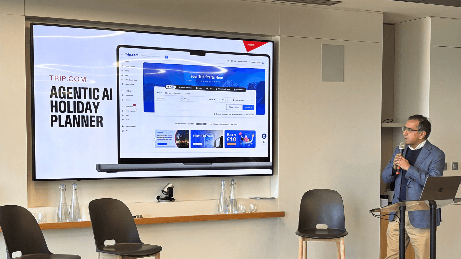 Presentation slide with text, Agentic AI holiday planner and image showing trip.com example