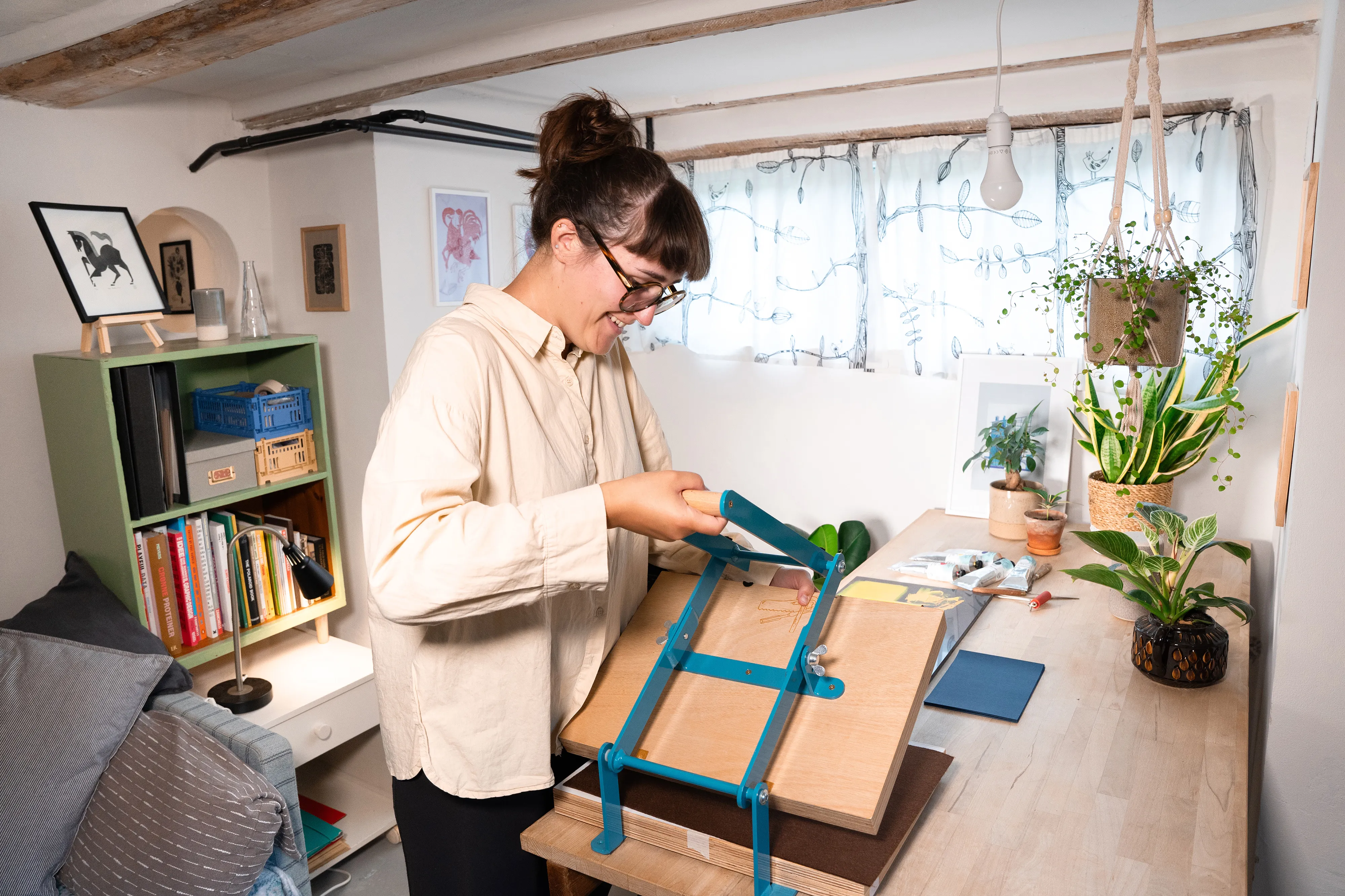 Francesca working on a couch smailing