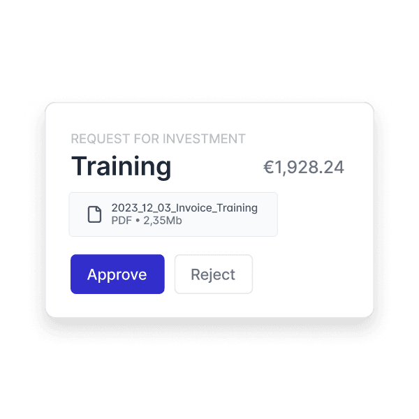 A digital interface showing a request for investment labeled "Training" with an amount of €1,928.24, featuring options to "Approve" or "Reject," emphasizing web-app usability for analytics and financial decision-making.