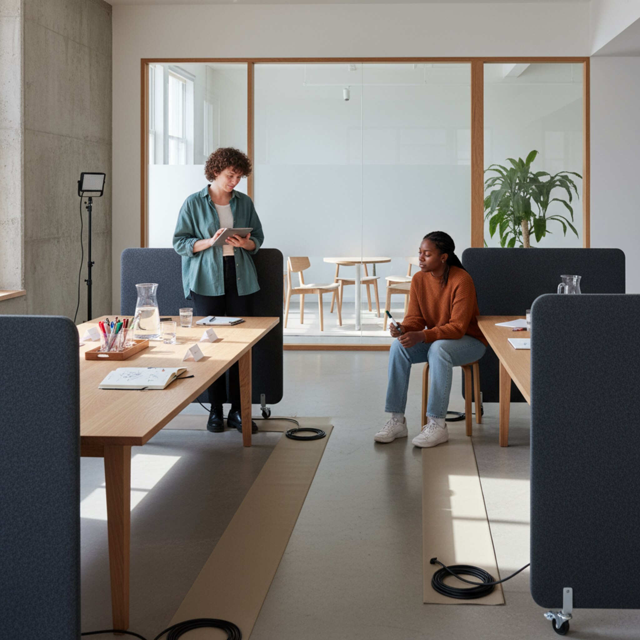 Ein kreativer Besprechungsbereich mit beweglichen Trennwänden ist akkurat vorbereitet. Kabel sind sauber verlegt, ein Lichtstativ wartet am Rand für eine Demo. Auf dem Tisch liegen Namenskarten und Marker. Durch das Fenster sieht man weitere freie Räume, die ruhig und geordnet bereitstehen.