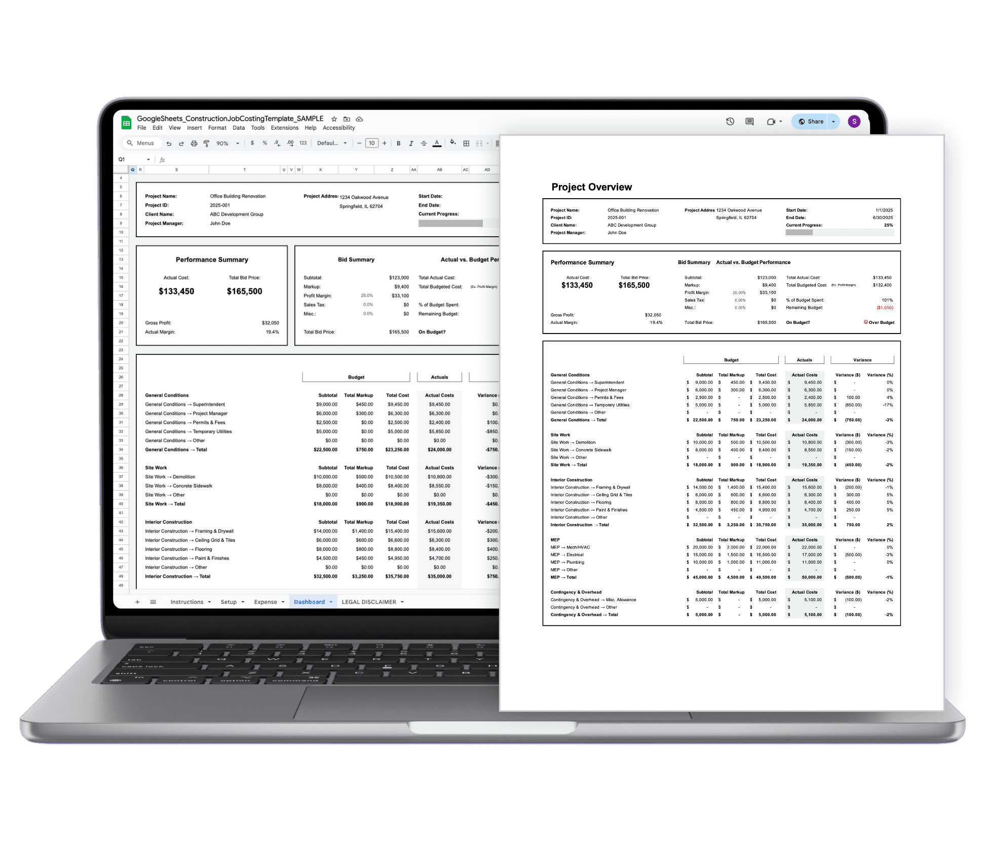 Construction job costing tracker dashboard in Google Sheets on laptop – actual vs budget, variance analysis, and profit margin overview