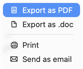 The document Actions menu with Export as PDF, Export as .doc, Print and Send as email.