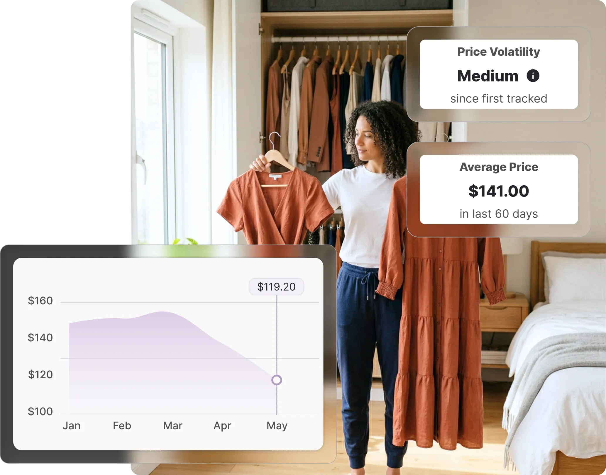 Woman holding a rust-coloured dress in front of a wardrobe, with a Whisprice price history chart showing the Zara item dropped from $141 to $119.20 over 60 days.