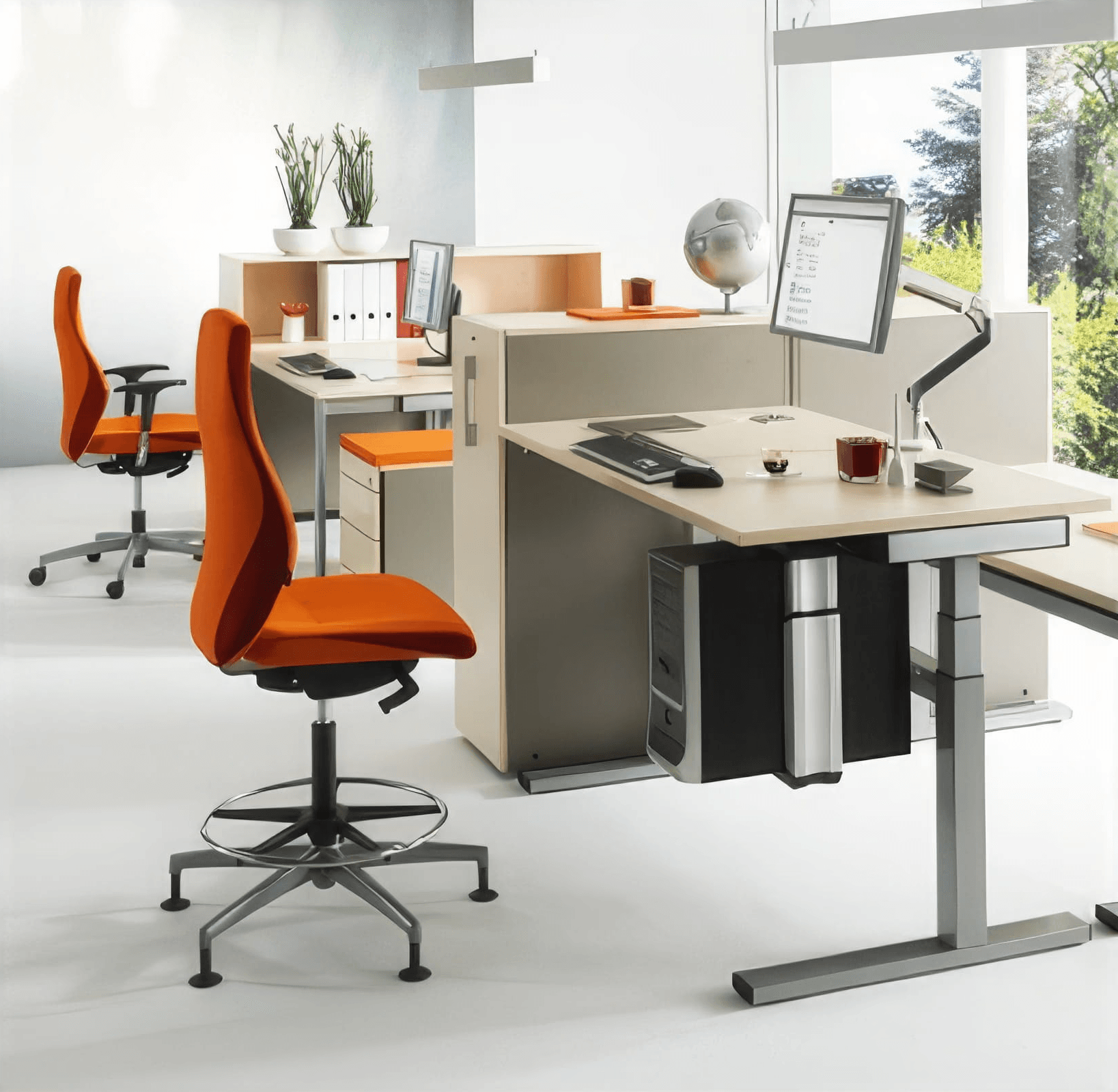 MW Interior  - Heller Büroarbeitsplatz mit höhenverstellbarem Schreibtisch, orangem ergonomischem Arbeitsstuhl, Monitorhalterung und integriertem Sideboard" Beschreibung: Funktional durchdachter Einzelarbeitsplatz mit höhenverstellbarem Schreibtisch, orangem ergonomischem Arbeitsstuhl mit Fußring und einem integrierten Sideboard mit Aufsatz – klare Linie, belebender Farbakzent, maximale Arbeitsplatzorganisation.