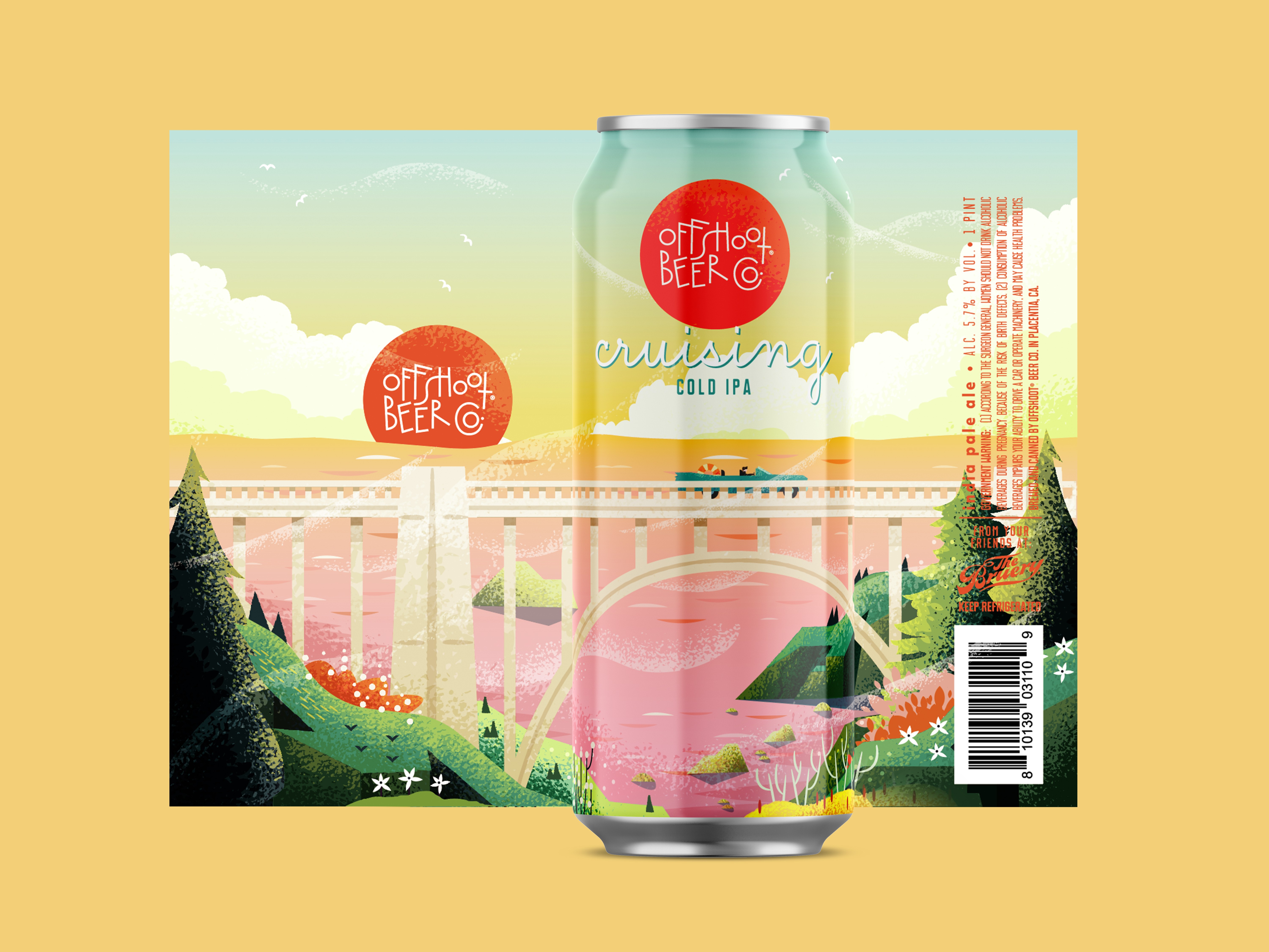 Sunset-themed beer can illustration with city skyline