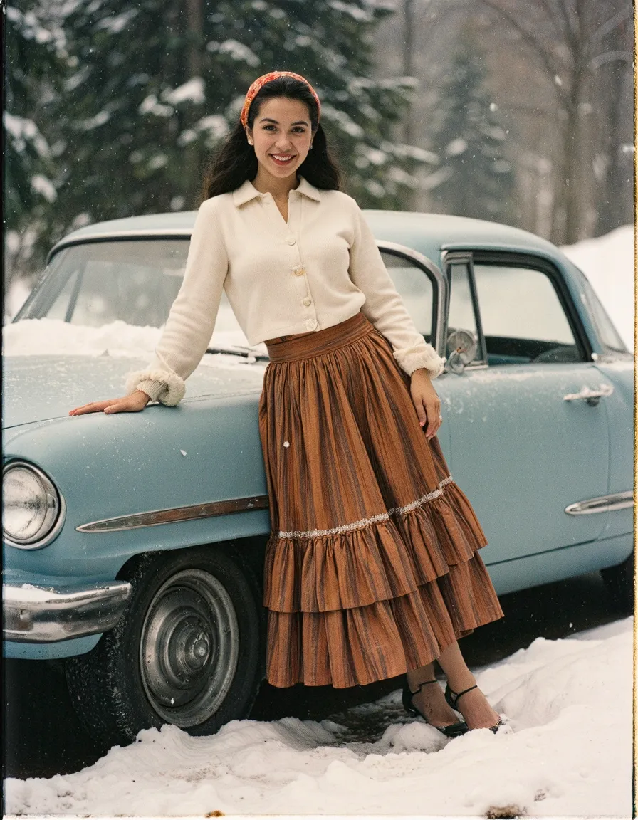 Woman in vintage cream blouse and brown skirt poses by classic blue car in falling snow