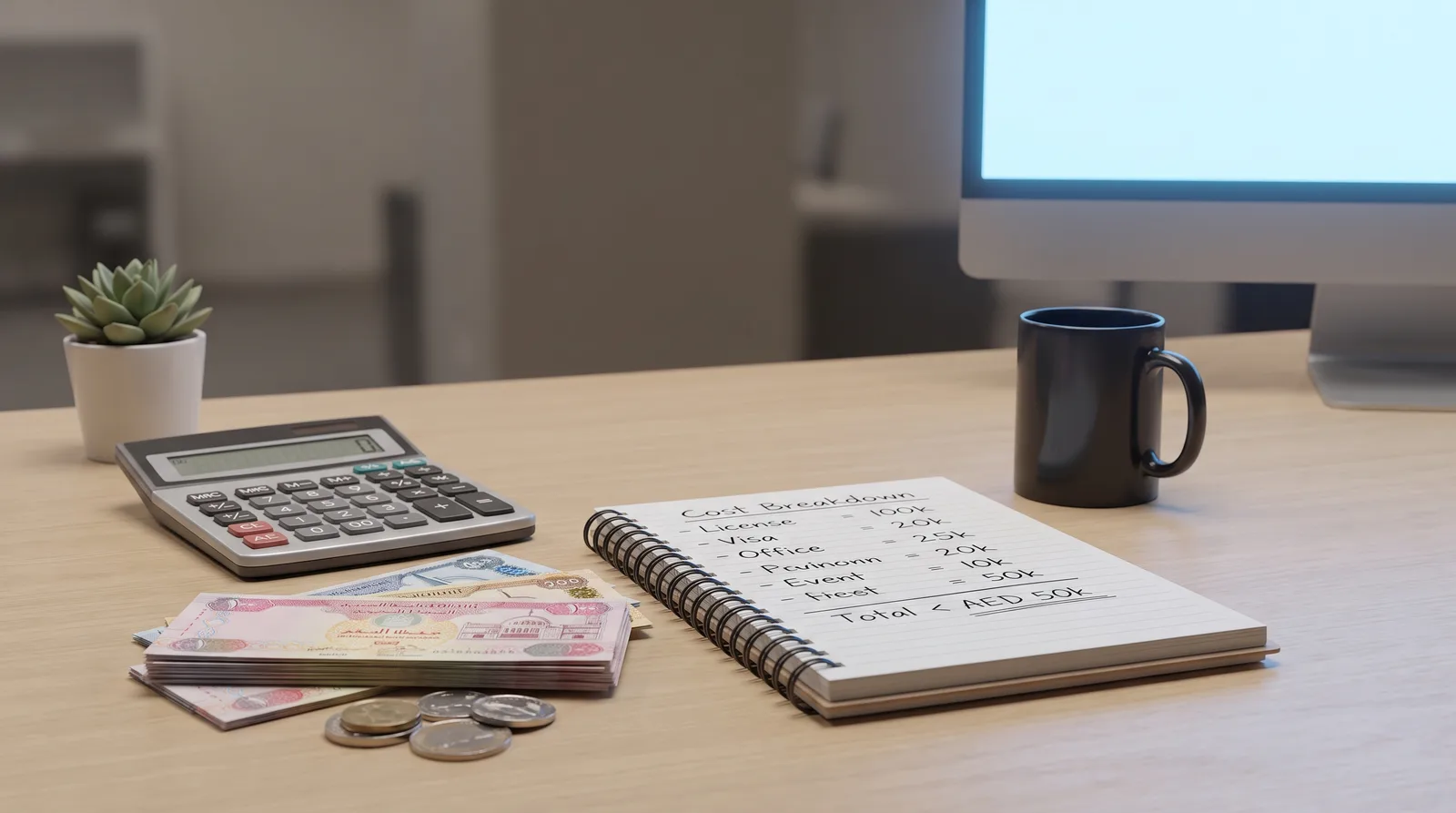 Dubai business setup budget breakdown with calculator and dirham notes