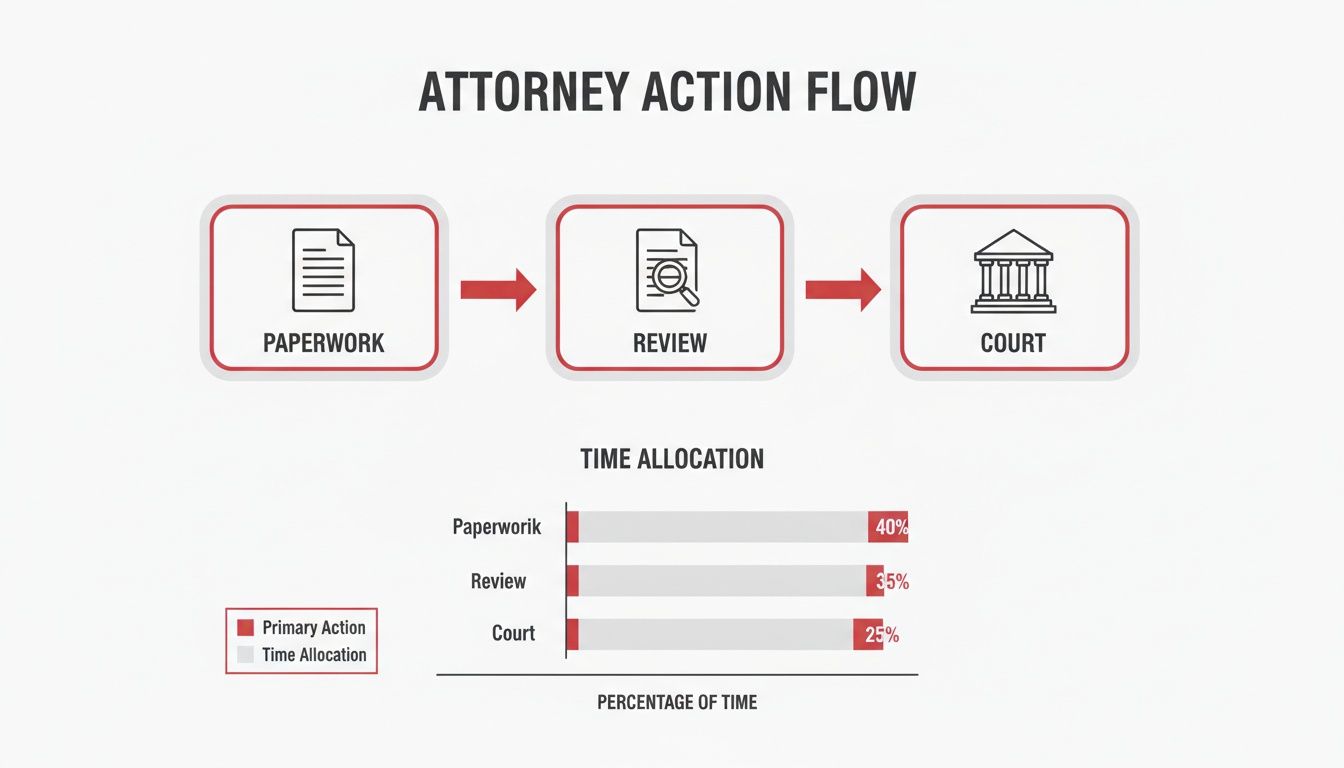 Flowchart showing an attorney's action sequence: paperwork, review, and court, with time allocation percentages.